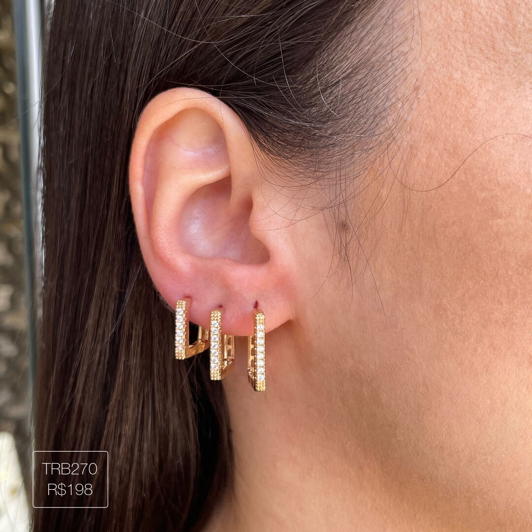 Trio de Argola Quadrada Cravejada Cristal Dourado